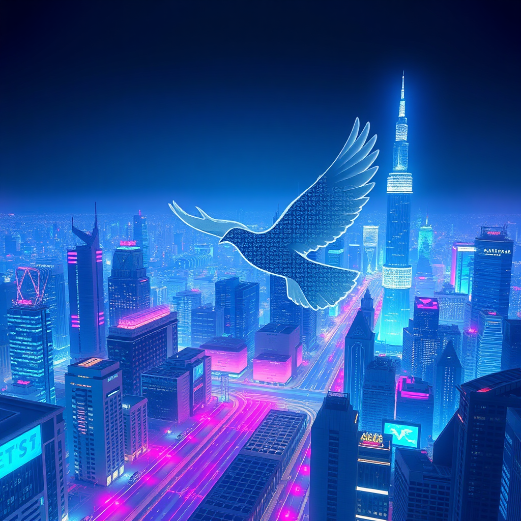 Create an image depicting a futuristic cityscape with flying vehicles and holographic displays. The scene should convey a sense of innovation and progress. Overlay a subtle image of a bird soaring above the city, symbolizing eBird's vision for the future. The color palette should be vibrant and modern, with blues, purples, and greens. 4k resolution.