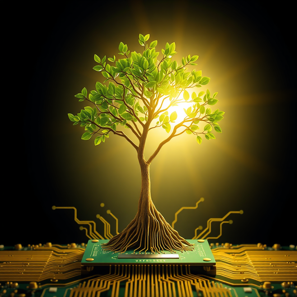 Create an image depicting a tree growing from a circuit board base, symbolizing long-term growth powered by technology. The tree's branches extend upwards, reaching towards a bright future. The color palette should be vibrant and optimistic, with greens and golds dominating the scene. The image represents sustainability and continuous progress. 4k resolution.