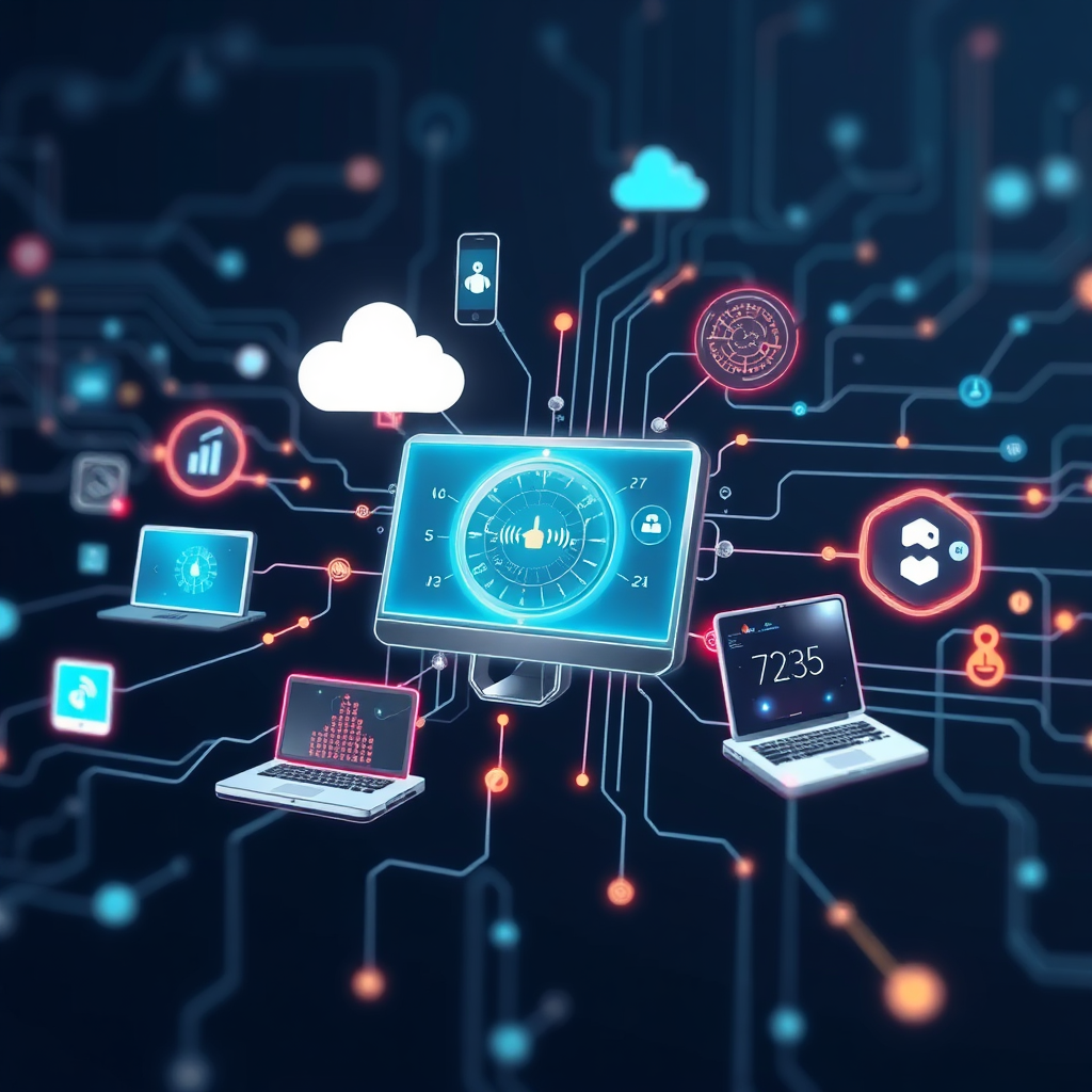 Create an image depicting various devices and systems connecting and communicating with each other. The image should convey a sense of seamless integration and connectivity. Use a modern and futuristic style. 4k resolution