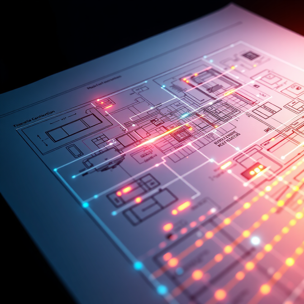 Create an image of a blueprint overlaid with a glowing digital grid. The blueprint represents customization and planning, while the grid represents the integration of technology. Highlight key areas with vibrant colors, drawing attention to the tailored solutions. The image should convey the message of precision and adaptability. 4k resolution.