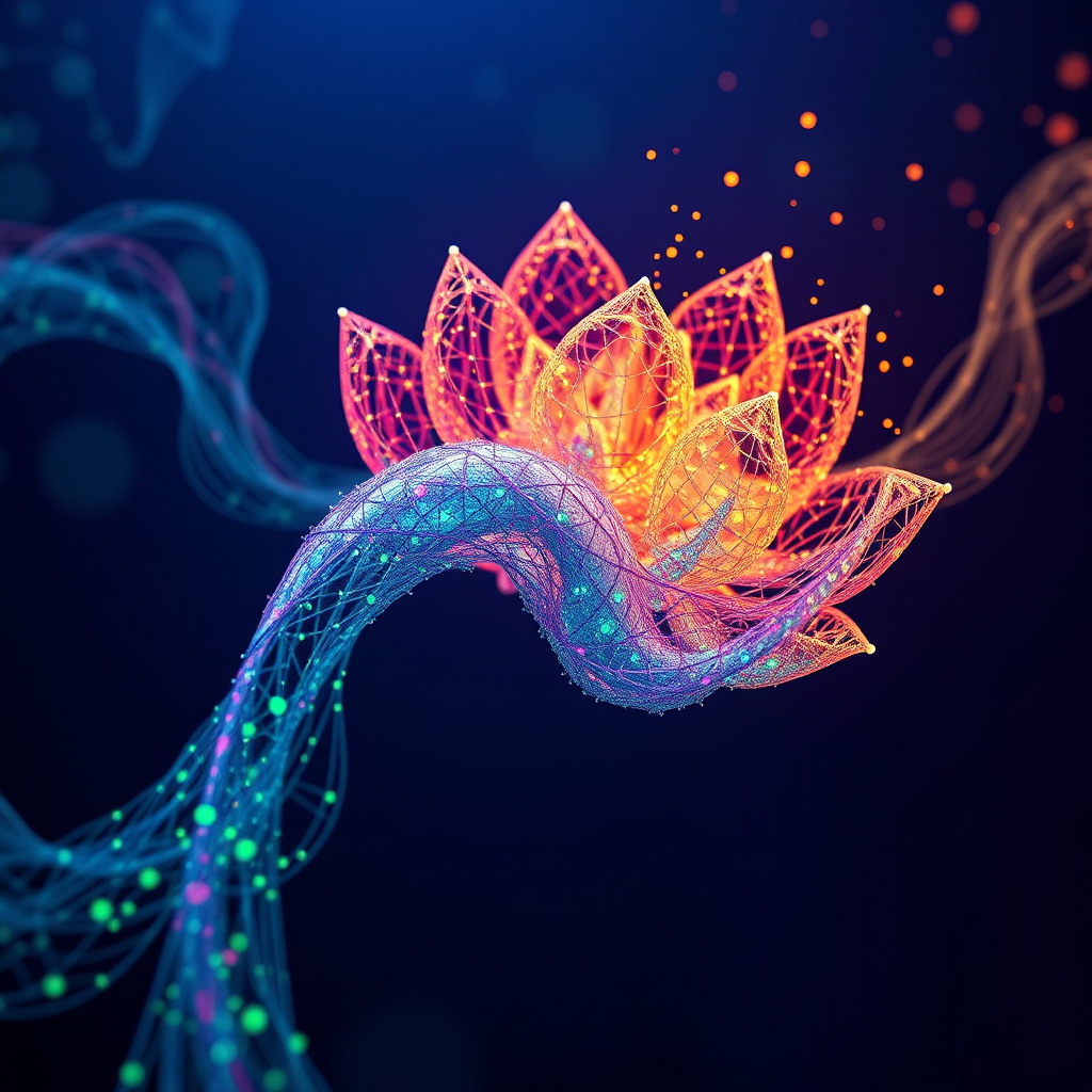 Create an image representing a data stream transforming into a complex and beautiful structure, like a blooming flower or a intricate sculpture. This image conveys the idea of data transforming into valuable insights and innovation. The color palette should be vibrant and dynamic, with a mix of cool and warm tones. 4k resolution.