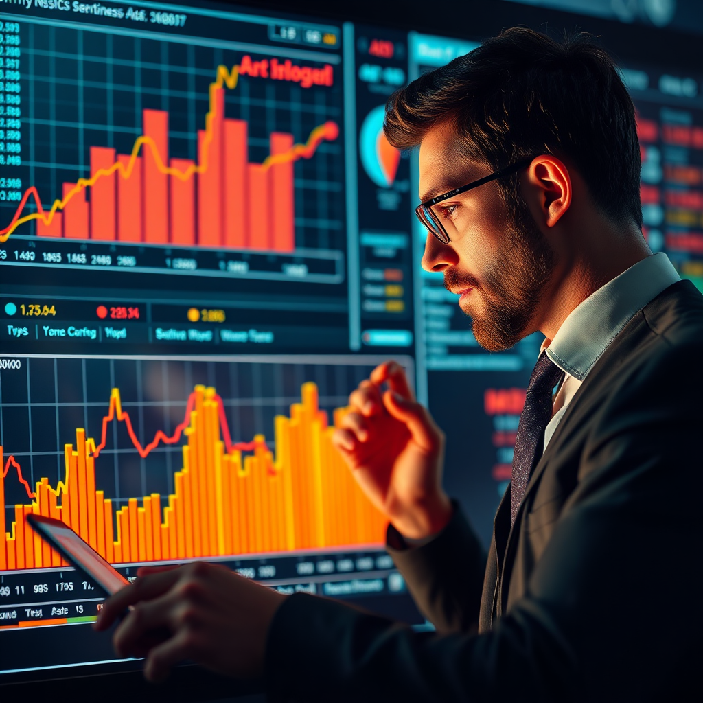 Create an image representing data visualization and analysis. The image should feature a data analyst examining a complex chart or graph. Use a color palette that is both professional and visually appealing. 4k resolution