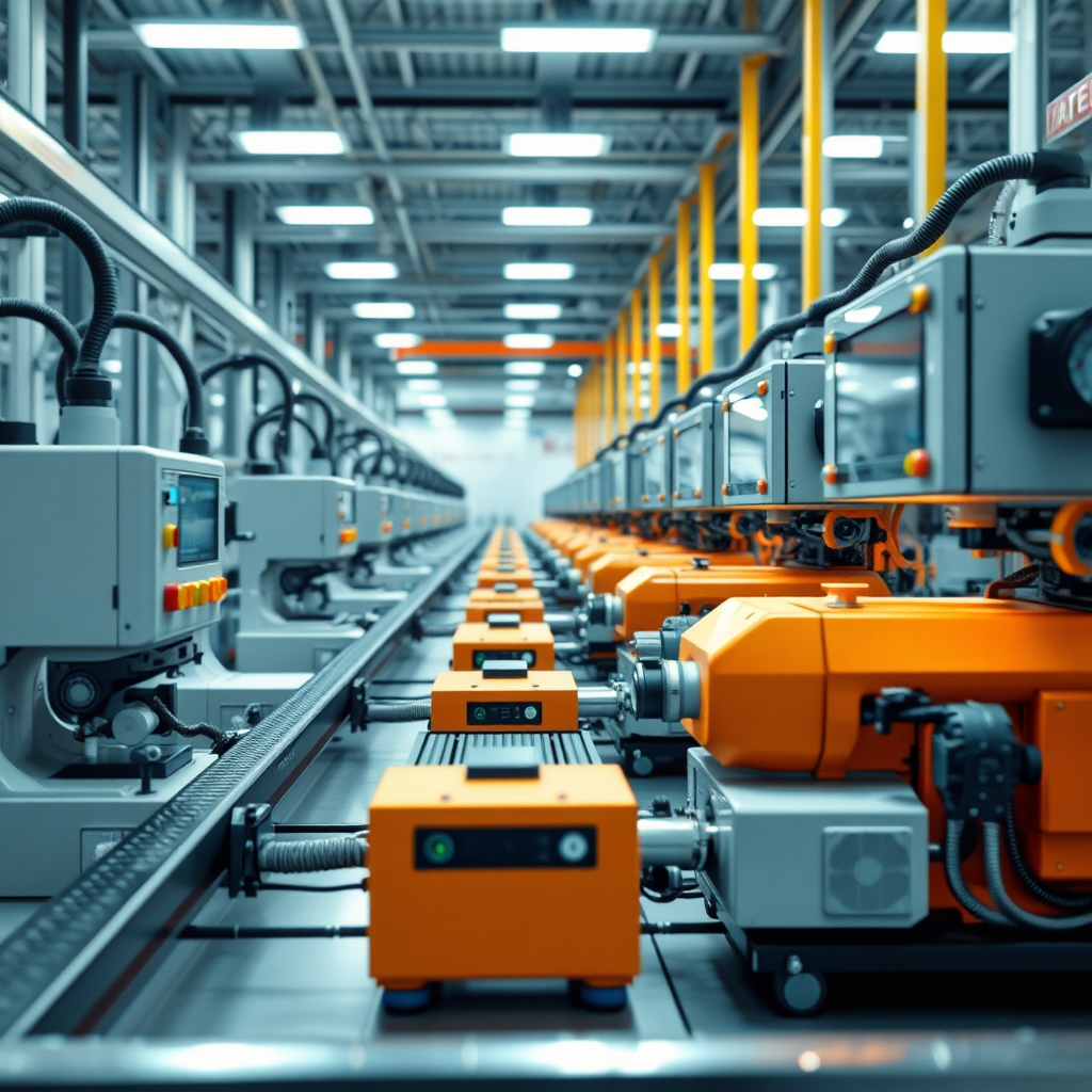 Create an image showcasing a streamlined process, with machines working seamlessly together to achieve a common goal. The machines should be modern and efficient, representing automation and optimization. The image conveys a sense of productivity and efficiency. 4k resolution.