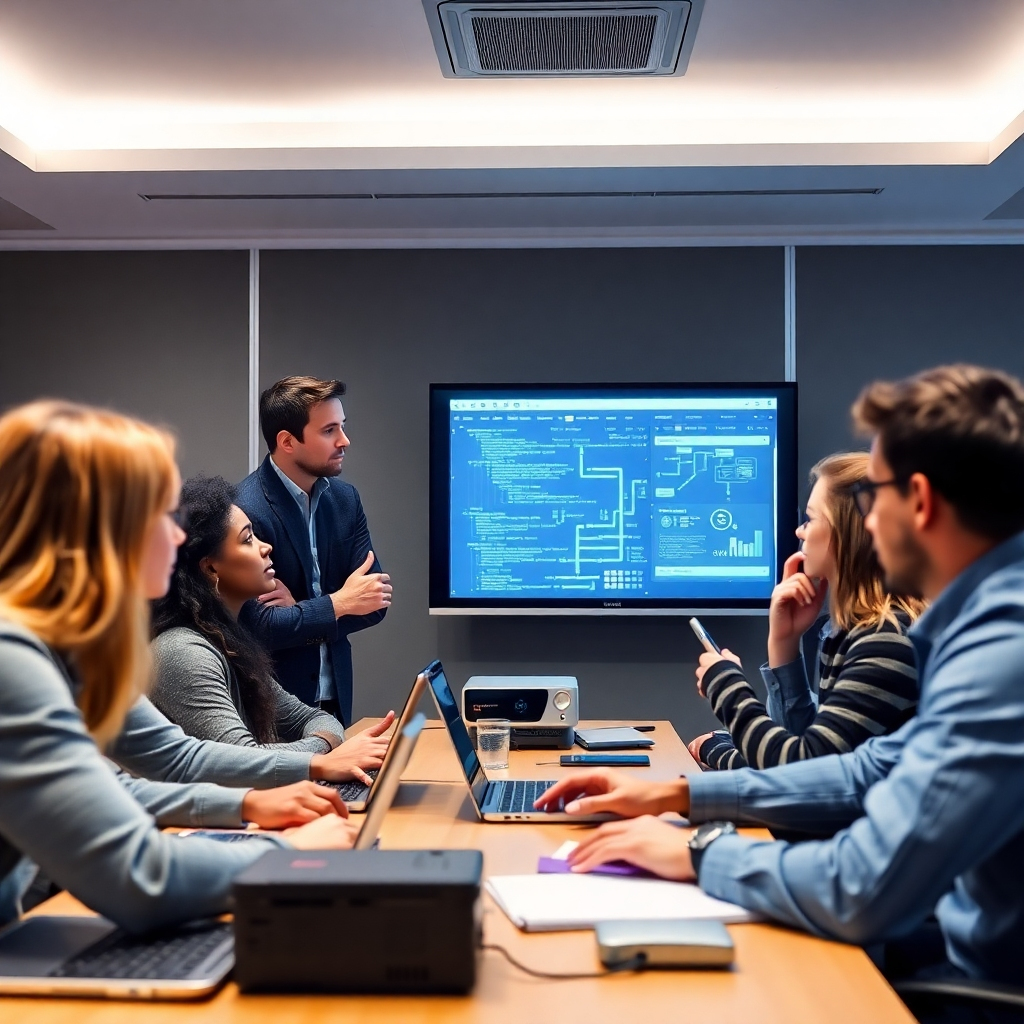 Generate a photorealistic image of students attentively listening to an instructor explaining a complex computer concept. Include modern technology, such as laptops and projectors, to convey a professional and tech-savvy learning environment.