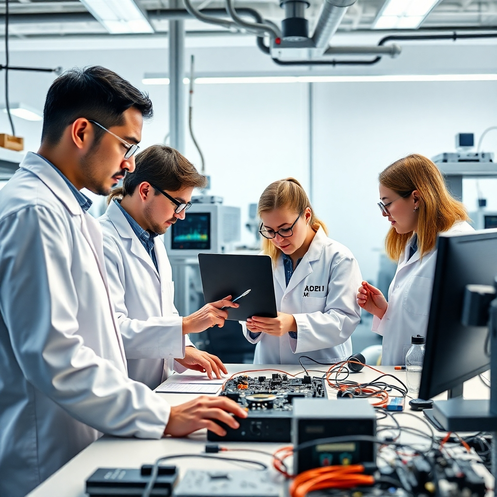 A photorealistic image depicting researchers working in a lab, collaborating on a project.  Show a mixture of hardware and software development aspects.  Technical specs: 4K resolution, high-quality image