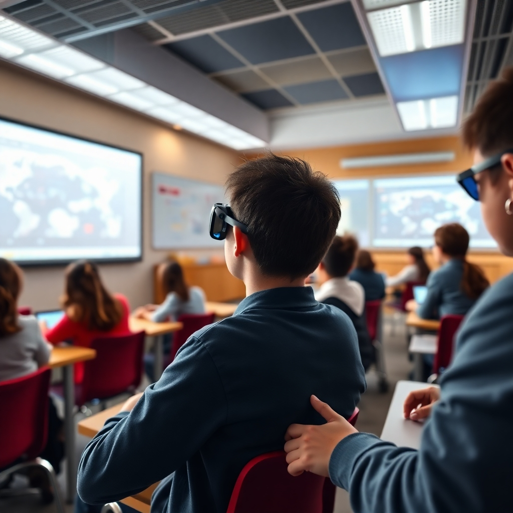 A photorealistic image of a classroom with interactive smartboards and students using augmented reality applications.  The lighting should be bright and natural. The color palette should be warm and inviting. The camera angle should be from a student's perspective, engaging the viewer in the learning environment. Technical specs: 4K resolution, high-quality image