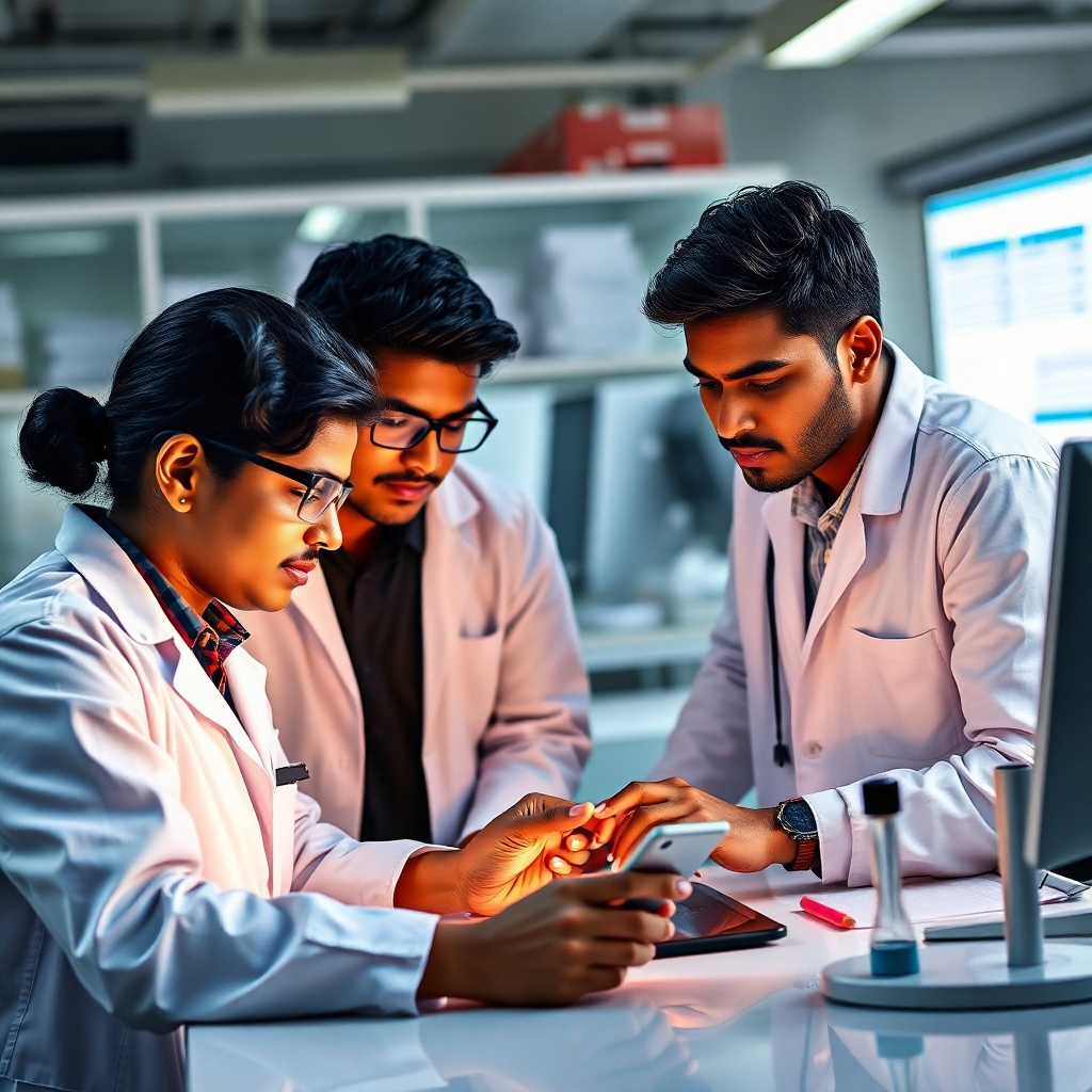 A photorealistic image of researchers working in a modern lab, collaborating on a technological project, such as the development of a new app or software program. The image should clearly showcase the collaborative aspect and serious nature of the work. Technical specs: 4K resolution, high-quality image