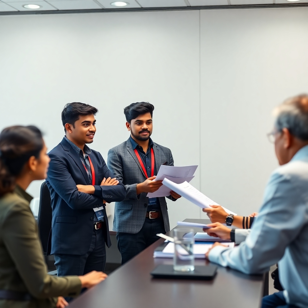 A photorealistic image of students presenting their business plan to a panel of judges in a business competition, showing confidence and competence. The color palette should reflect professionalism and success. The lighting should be professional and bright. Technical specs: 4K resolution, high-quality image