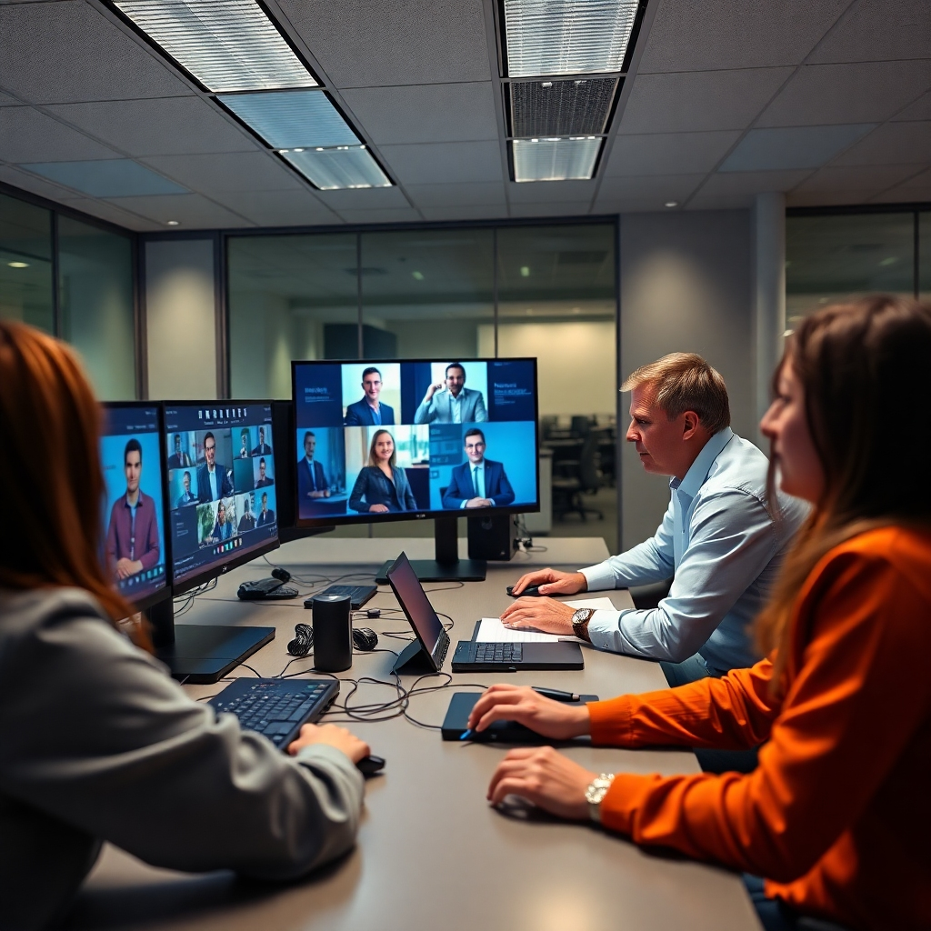 A photorealistic image of students working on a group project in a modern, well-equipped computer lab, collaborating with industry professionals using a video conferencing system.  The color palette should reflect technological advancement and teamwork.  The lighting should be well-balanced, not too dark, nor too bright. The image should include professional looking computer screens, and real looking students and professionals. Technical specs: 4K resolution, high-quality image