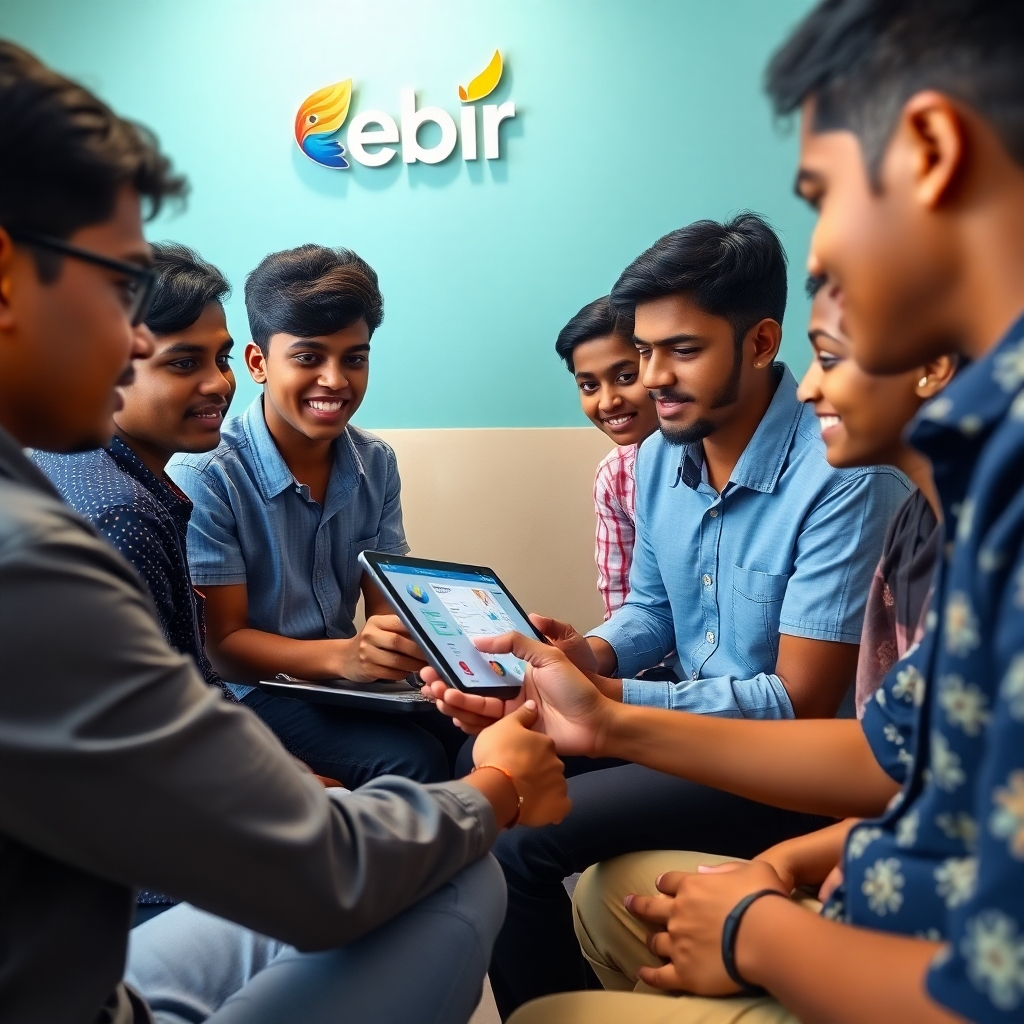 A photorealistic image showing students using user-friendly software to manage a small business project. Emphasize simplicity and ease of use. The color palette should be friendly and inviting. The camera angle should be from a slightly elevated position to show a whole team interacting with the application. Technical specs: 4K resolution, high-quality image