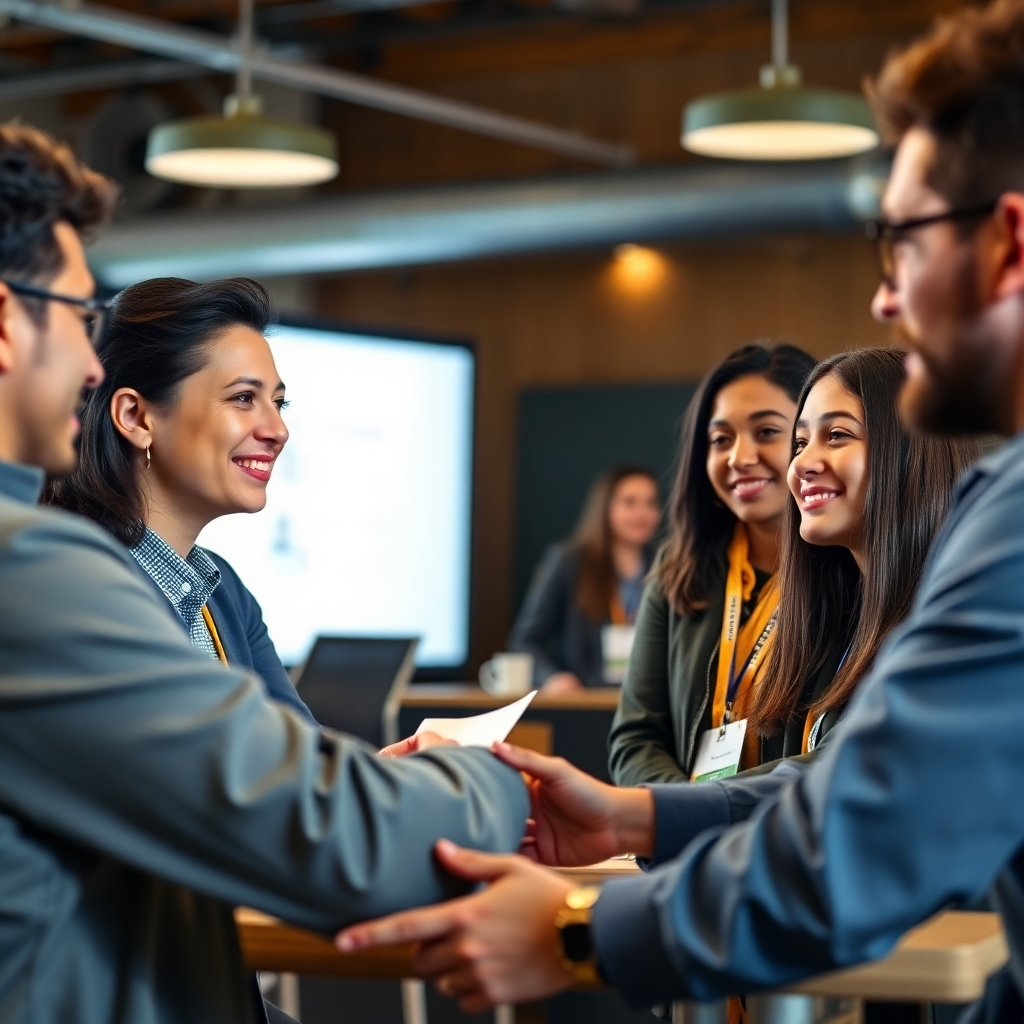 A photorealistic image showing students interacting with industry professionals during a workshop or presentation. The lighting should be professional and friendly. Technical specs: 4K resolution, high-quality image