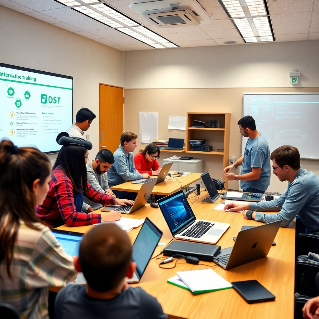 A photorealistic image showing a classroom setting with students actively participating in a hands-on training session. Show modern equipment like laptops, interactive whiteboards, and students collaborating on projects.  The overall atmosphere should be collaborative and energetic.  Technical specs: 4K resolution, high-quality image