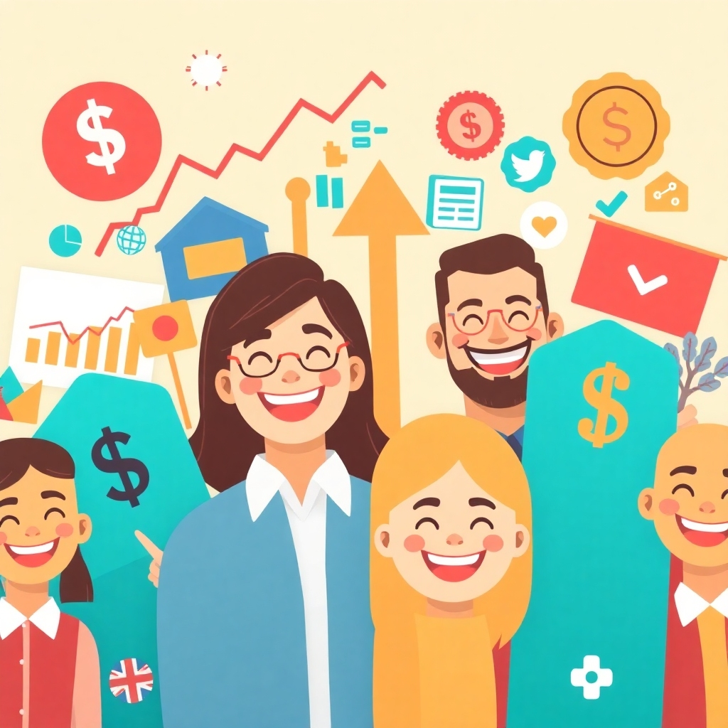 A stylized image combining elements of financial graphs, business icons, and smiling faces representing small business success. The color palette should be energetic and successful. The camera angle should show an upward movement. The overall style should be optimistic and encouraging. Technical specs: 4K resolution, high-quality image