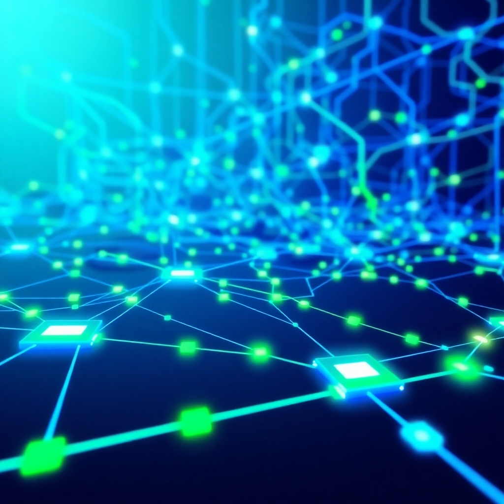 A stylized image depicting a network of interconnected devices and data streams, representing the seamless flow of information in the digital age. Use bright, contrasting colors, like electric blue and vibrant green, with a clean, modern aesthetic similar to tech startup imagery.  The camera angle should provide a comprehensive view of the network.  Technical specs: 4K resolution, high-quality image