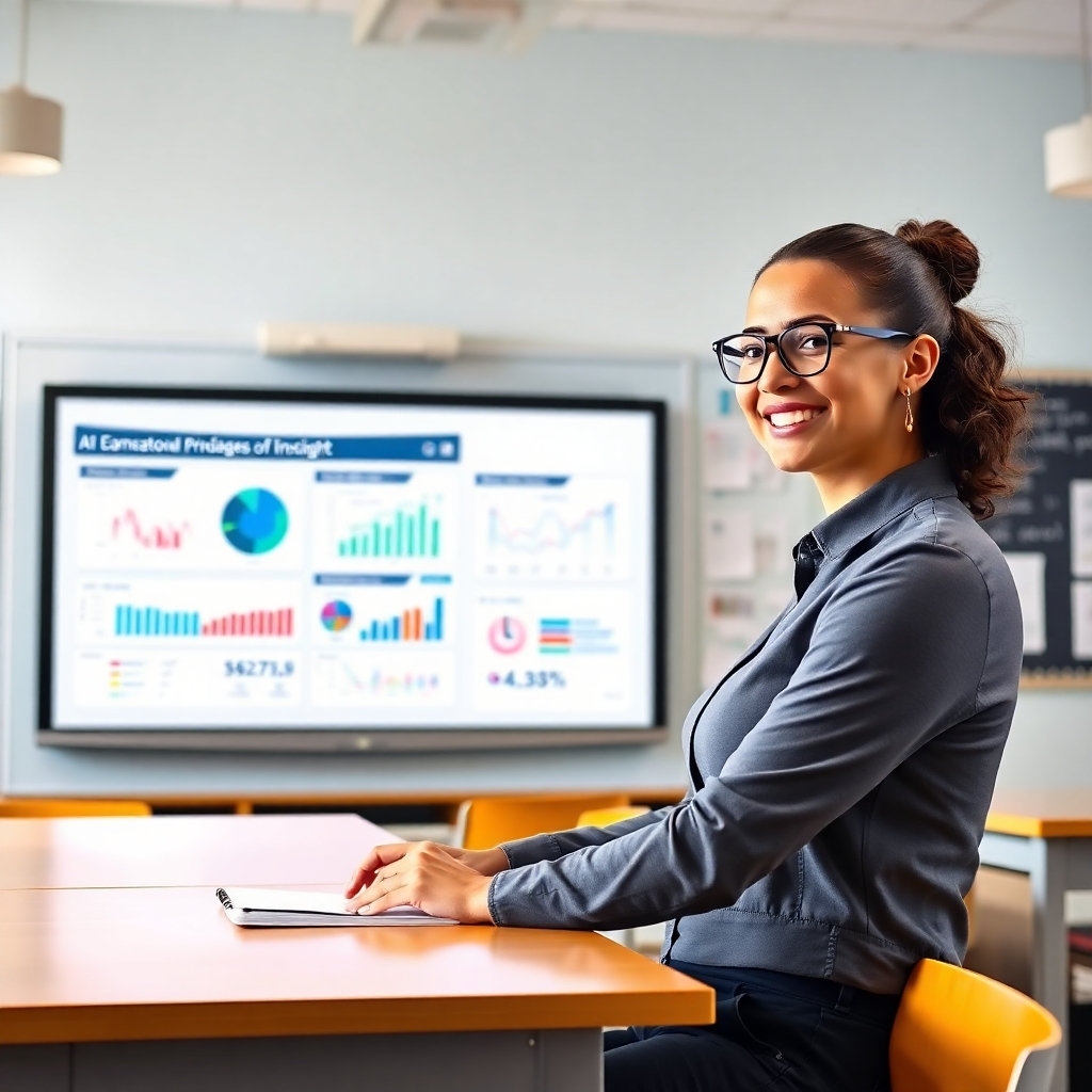 Create a photorealistic image of a teacher using AI-powered educational tools in a classroom. Show an interactive whiteboard displaying data visualizations and AI-generated insights on student progress. The classroom should be bright and well-equipped with technology. The teacher should have a confident and supportive expression, reflecting the positive impact of AI on education.  The lighting should be balanced and enhance the technology’s visual prominence.  The scene should convey the synergy between human teachers and artificial intelligence in the educational setting.