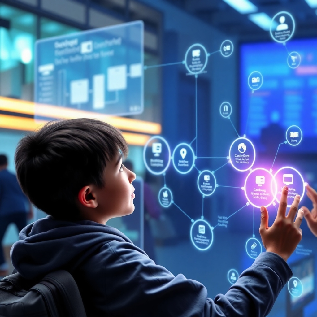 Create a photorealistic image depicting a student interacting with a holographic interface showing a personalized learning pathway. The style should be futuristic and high-tech, with a blend of realistic and fantastical elements. The holographic display could show interactive nodes representing different learning modules, allowing the student to navigate through the pathway according to their progress. The image should highlight the seamless blend of technology and personalized learning.