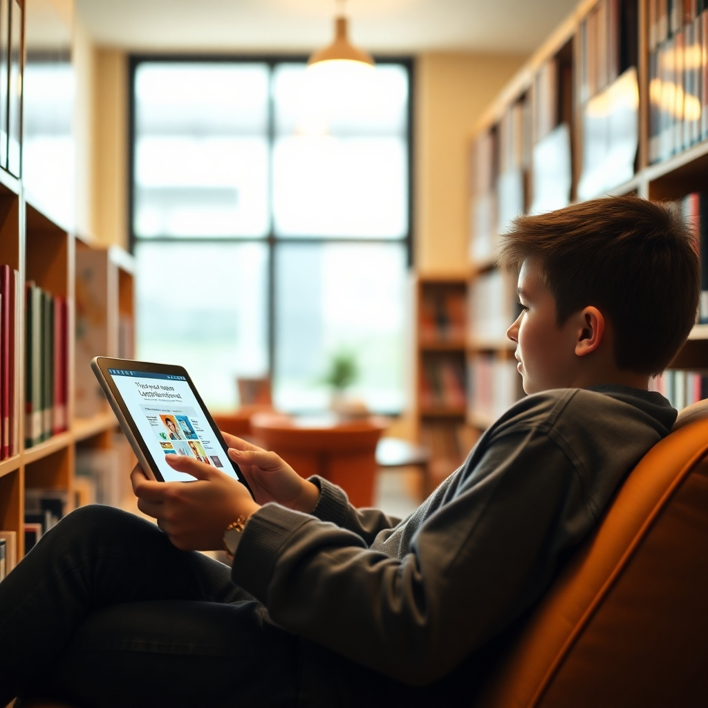 Create a photorealistic image in 4K resolution of a student using a personalized learning platform on a tablet. The setting is a cozy, brightly lit corner of a library or home study space.  The lighting should be soft and warm, creating a comfortable and inviting atmosphere. The tablet should display a user-friendly interface with engaging learning content. The overall scene should feel calm and focused, highlighting a positive and effective learning experience. The style could mimic stock photos of students engaged in study, but with more focus on detail and realism.