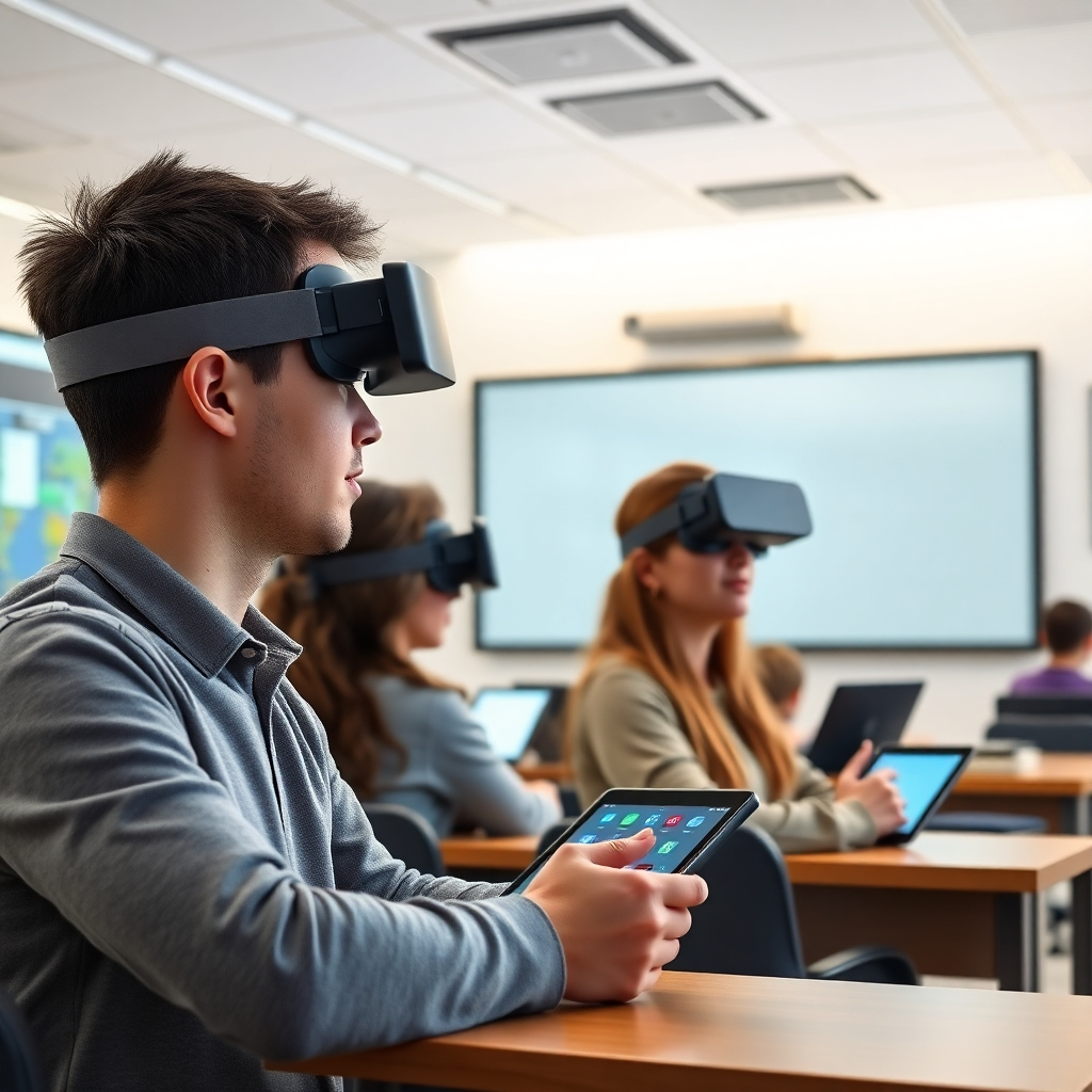 Create a photorealistic image of various educational technologies seamlessly integrated into a classroom setting.  The technologies should be displayed in a modern, well-lit classroom.  The scene should showcase tablets, interactive whiteboards, VR headsets, and other technologies being used effectively by students and teachers. The lighting should be even and soft, while color grading should promote a sense of serenity and order.  This image should inspire confidence and trust in the effective integration of technology.