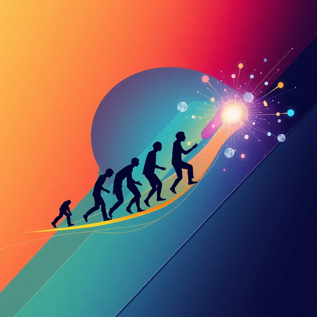 Create an abstract image representing the evolution of educational approaches.  Use dynamic shapes, lines, and colors to represent the transition from traditional methods to modern technology-integrated pedagogies.  The color palette should evoke progress and innovation, gradually shifting from muted tones to bright, energetic hues.  The image should have a style similar to abstract representations of scientific breakthroughs. High contrast and dynamic lighting should showcase the innovative elements.