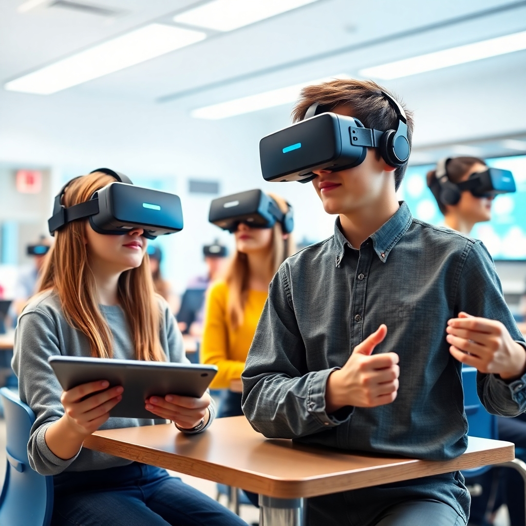 Generate a photorealistic image showing a classroom using VR/AR technologies. Students are wearing VR headsets, while others are using interactive AR apps on tablets, completely immersed in educational simulations. The environment should be a bright, modern classroom with technology seamlessly integrated into the learning process. The lighting should highlight the immersive experience and the excitement of the students. The style should be similar to those of futuristic educational settings.