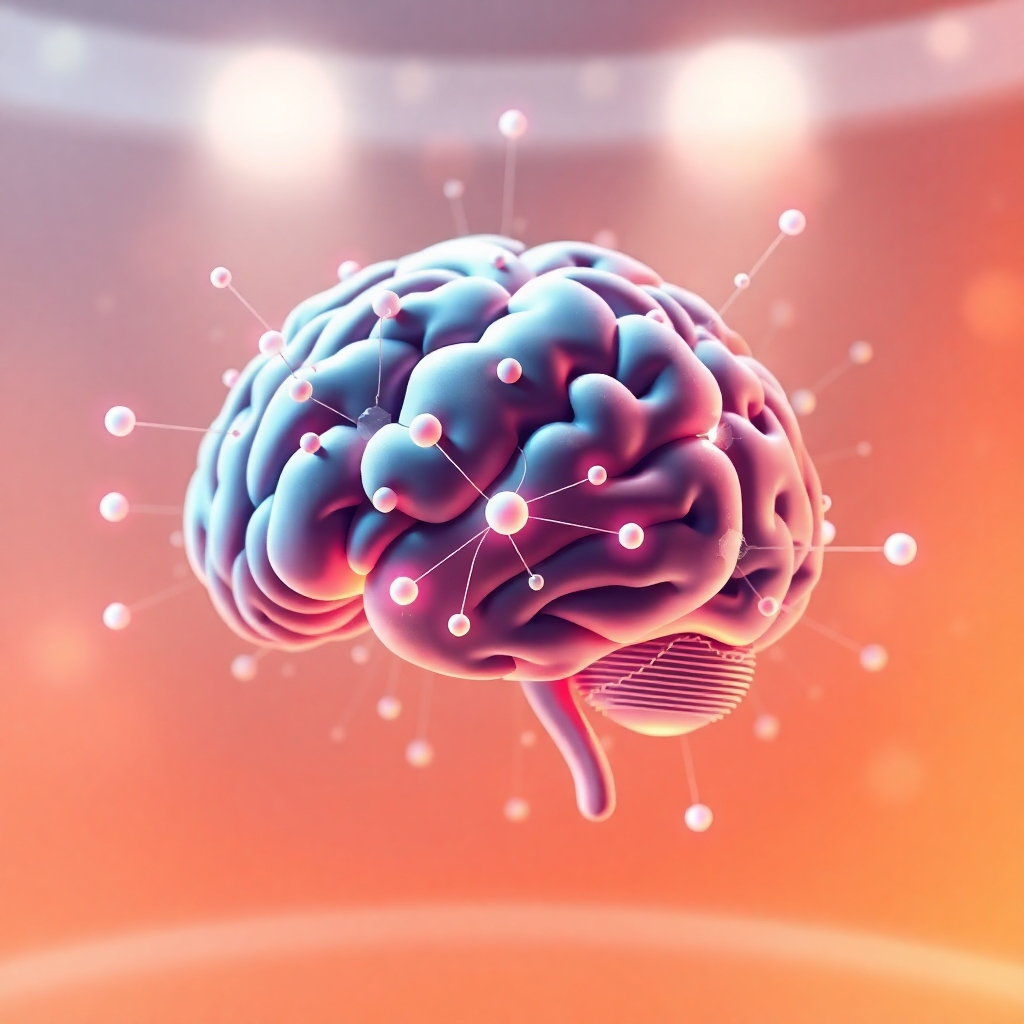 Generate a stylized image in 4K resolution that represents the fusion of education and technology.  The image could feature a stylized brain with interconnected nodes representing innovative ideas and knowledge, overlaid with futuristic technological elements like circuits or data streams.  The color palette should be a blend of warm and cool tones, symbolizing the balance between traditional learning and technological advancement. The lighting should be soft and diffused, creating a sense of calm and clarity. The image could be composed with a central focus on the brain, with the technological elements intertwining and extending outward.   Textures should be smooth and clean for the technological elements and slightly textured for the brain representation, conveying a sense of organic complexity.  The overall style should evoke a sense of sophistication and innovation, resembling illustrations used in high-tech company presentations. The final output should feel clean, high quality, and thought provoking.