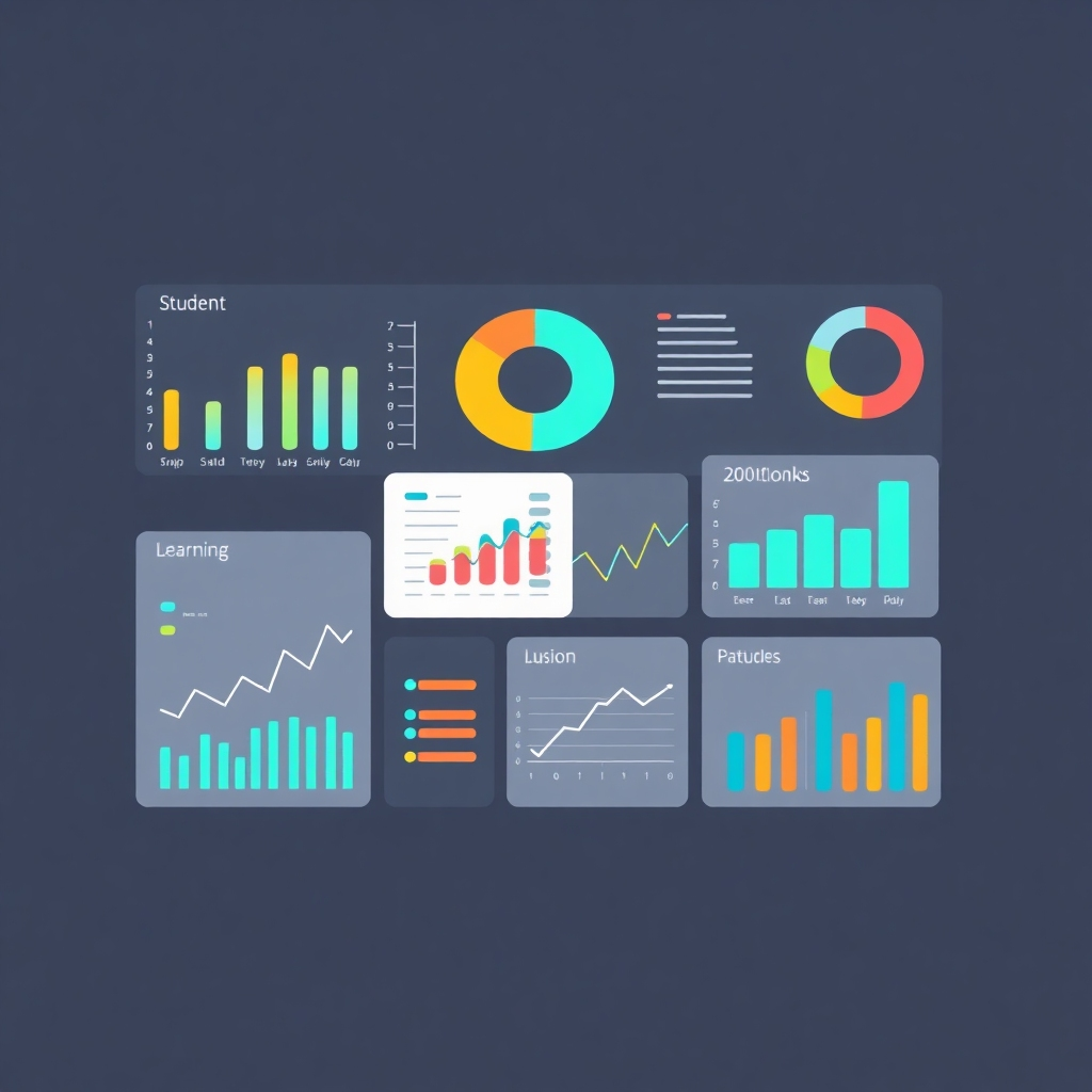 Generate a stylized visualization of educational data. The visualization should display data points, graphs, and charts representing student progress and learning patterns.  The style should be modern and minimalistic, with clear and concise visual representations.  The color palette should be balanced and visually appealing. The image should use a style inspired by data visualization dashboards, showcasing the efficiency of data-driven analysis in education.