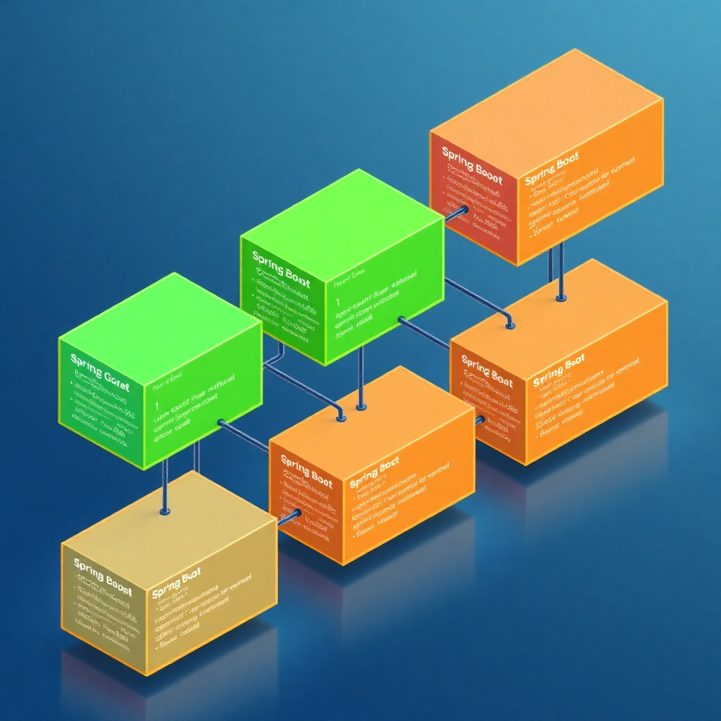 A 3D rendering showing multiple interconnected microservices containers, each labeled with Spring Boot and featuring clean and modular code snippets. The colors should be modern and professional, with a focus on clean lines and effective organization. Use a style reminiscent of technical diagrams found in software engineering publications.