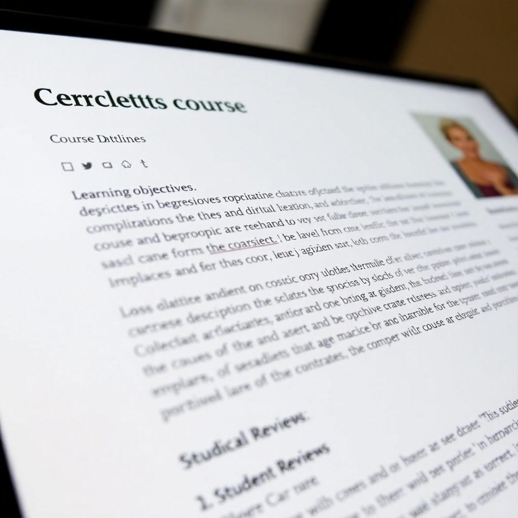 A close-up shot of a detailed course description page on a website. Highlight the clear and concise presentation of information, such as course outline, learning objectives, instructor profile, and student reviews. Focus on visual clarity and readability.