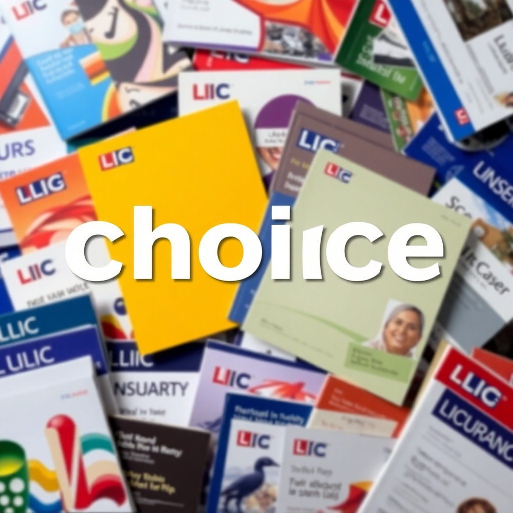 A diverse collection of LIC plan brochures or a visual metaphor representing various insurance coverage options. The image should communicate choice and security. Resolution: 4K.
