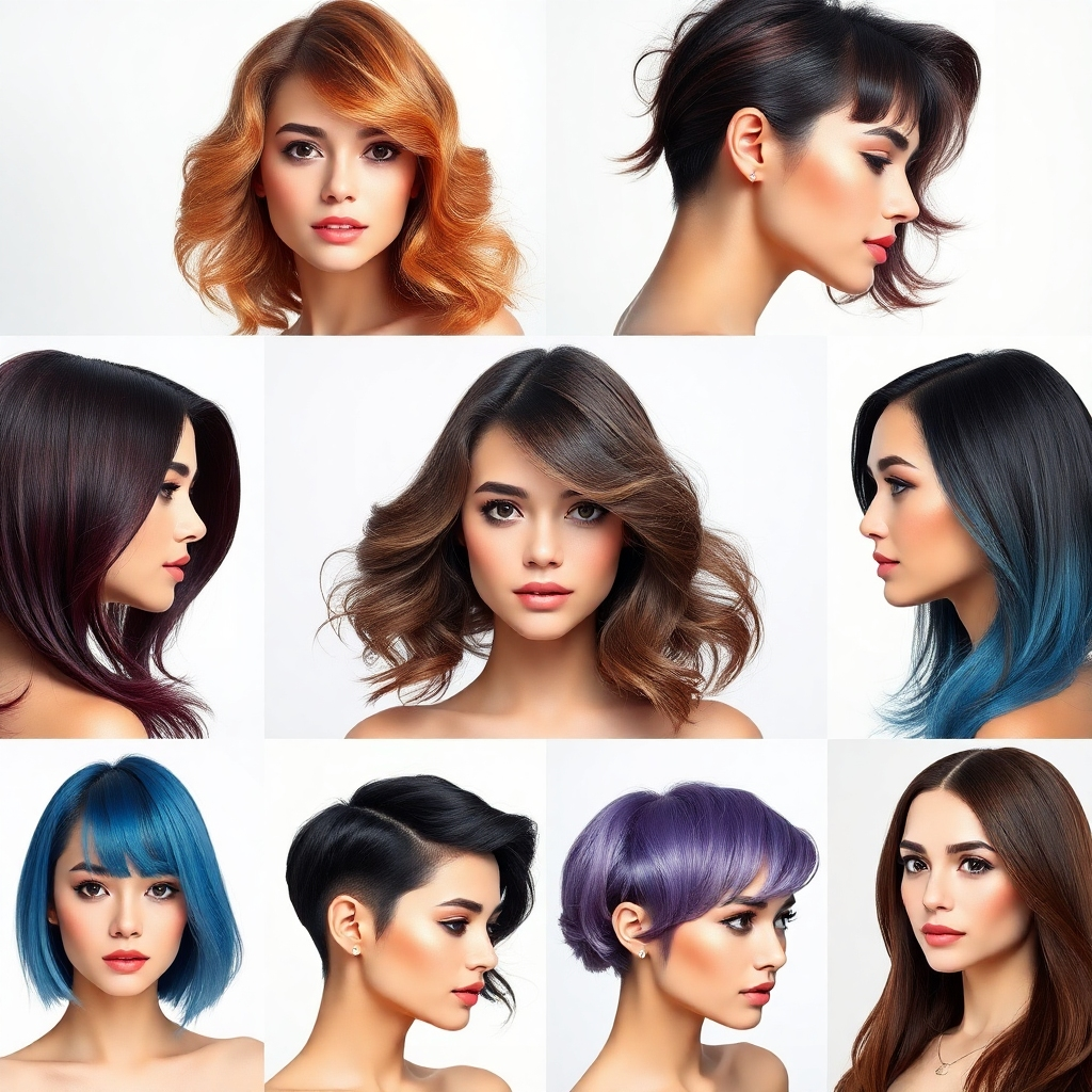 A photorealistic image depicting a variety of hairstyles, showcasing different cuts, colors, and styling techniques. The lighting should be bright and even, highlighting the texture and shine of the hair. The camera angle should be varied, providing different perspectives on each style. The style should be modern and sophisticated. 4k resolution