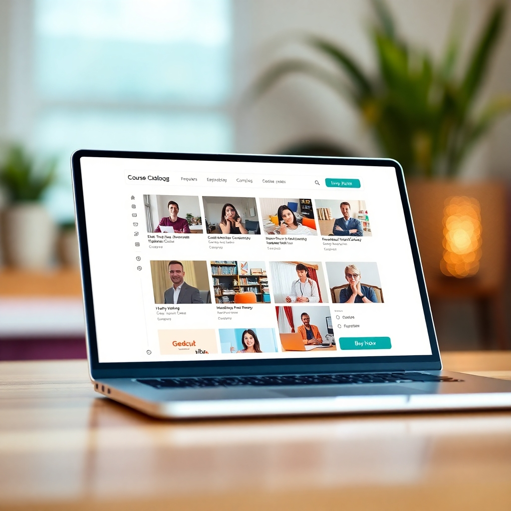 A photorealistic image depicting a laptop displaying a clean, user-friendly online course catalog. The interface should be intuitive, with high-quality images and clear course titles, along with a prominent "Buy Now" button. The image should convey ease of use and a modern design aesthetic. The background should be subtly blurred to keep the focus on the interface. The image should be 1920x1080 pixels with a warm color palette and soft lighting.