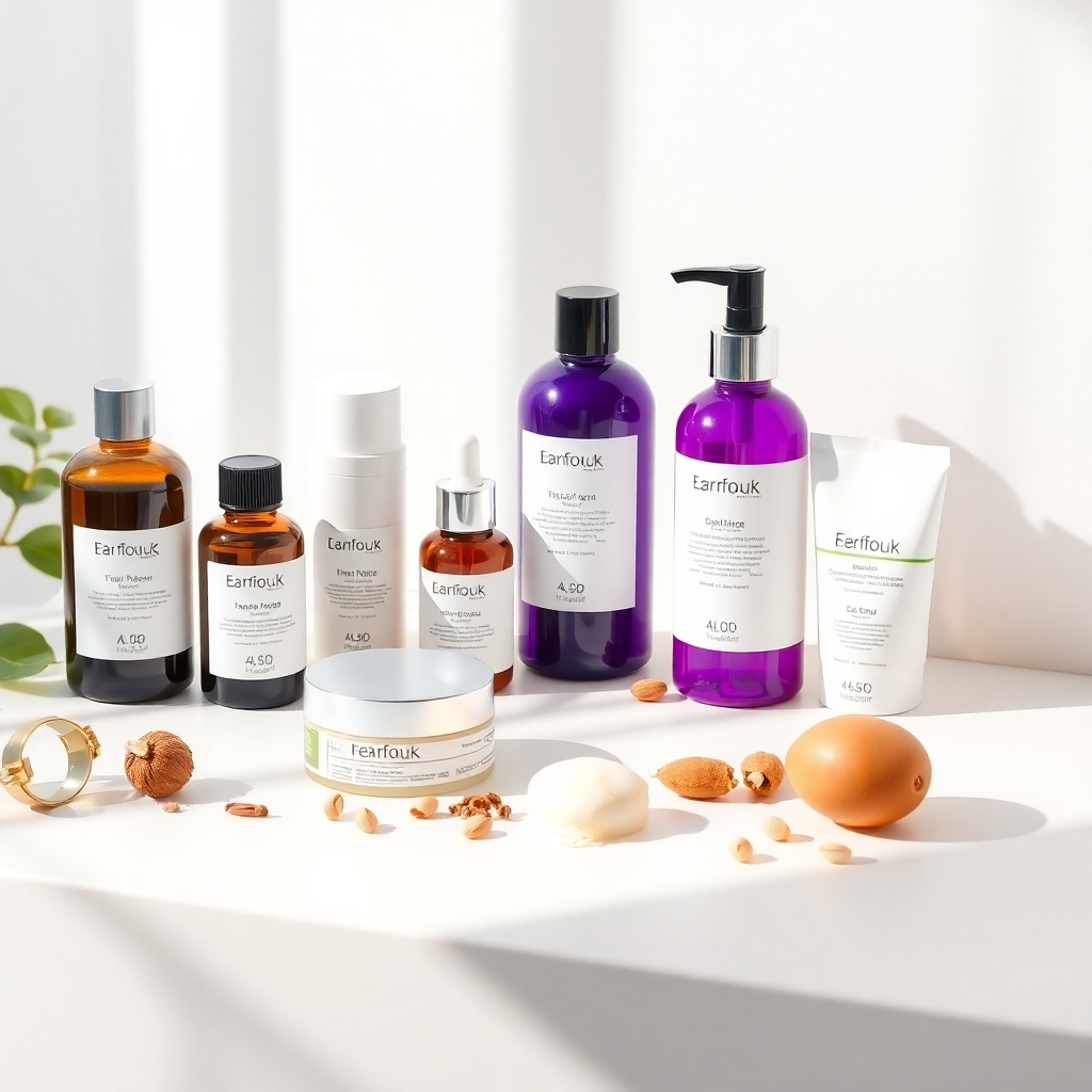 A photorealistic image depicting various facial products neatly arranged on a clean, white surface, with soft, warm lighting. The image should highlight the natural beauty of the ingredients, if possible. The camera angle should be slightly elevated, providing an overall view of the products.  The style should be minimalist and elegant. 4k resolution