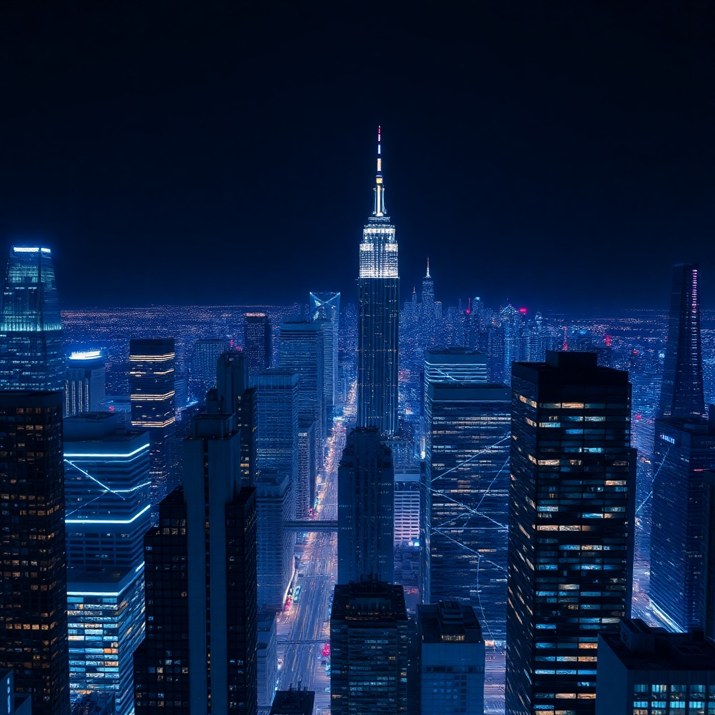 A photorealistic image of a cityscape at night, with buildings subtly lit to resemble code blocks and interconnected networks. This represents the complex structure of a web application.  Use a slightly artistic approach to emphasize the scale and complexity of the application. The lighting should be a blend of ambient city lights and strategically placed spotlights to highlight key structural elements. The overall style should be highly detailed and photorealistic. The color palette should reflect the technological theme with blues, blacks, and deep purples.