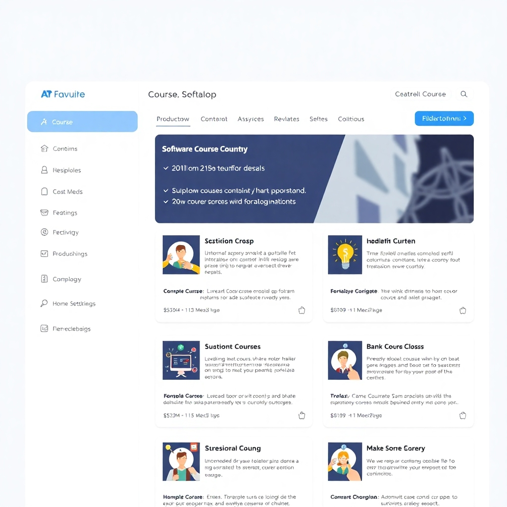 A photorealistic image of a clean, modern website interface displaying a software course catalog.  Show various course cards with titles, prices, durations, and concise descriptions. The design should be user-friendly and visually appealing, with clear typography and a clean layout. The color scheme should be professional yet engaging. Highlight the ease of navigation and accessibility of the online platform.