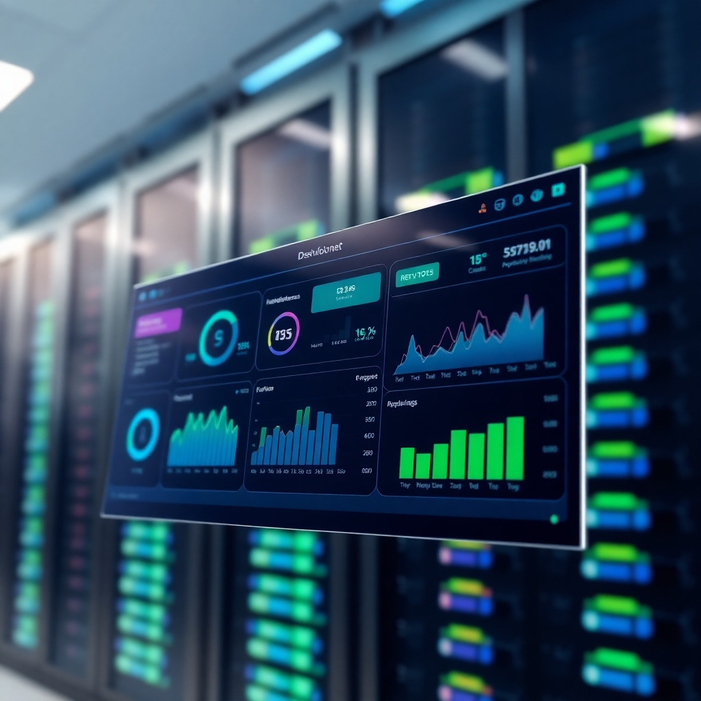 A photorealistic image of a DevOps dashboard, displaying real-time data about application performance and resource utilization. The dashboard should be visually appealing and easy to understand, showcasing key performance indicators. The lighting should be clear and clean. The overall style should be sleek and modern, suggesting automation and efficiency.  The color palette should reflect the technological aspects using blues, greens and grays. The background should be a subtle depiction of server racks or cloud infrastructure.