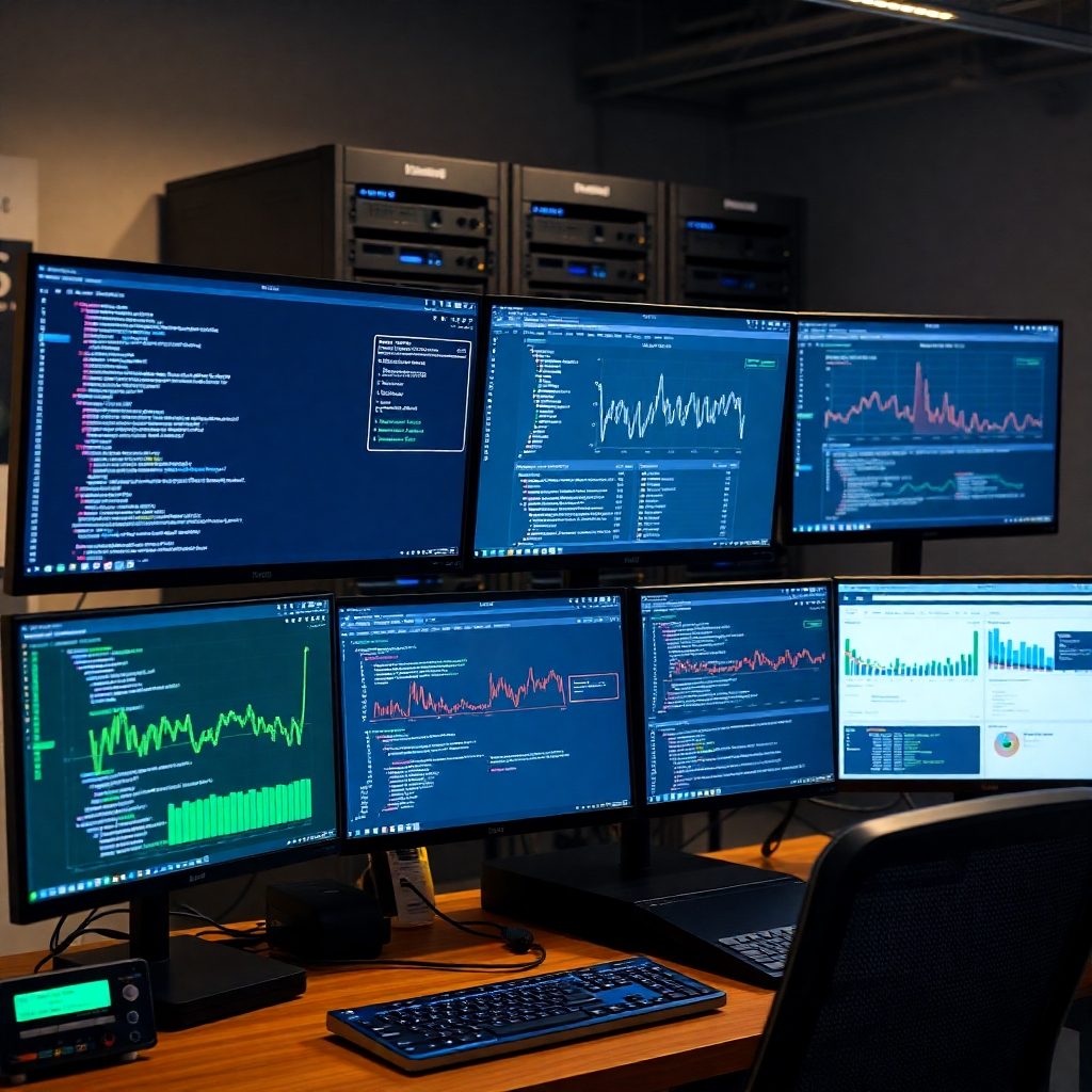 A photorealistic image of a developer's workstation showing multiple monitors displaying code, deployment metrics, and monitoring dashboards. Include a physical server rack in the background, and a desk with neat, organized equipment.