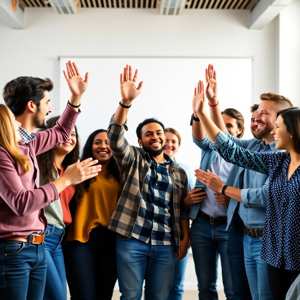 A photorealistic image of a diverse group of people celebrating their successful completion of a software course. They should be smiling and high-fiving, illustrating the sense of accomplishment and community aspect of online learning. The image should be 1920x1080 pixels.
