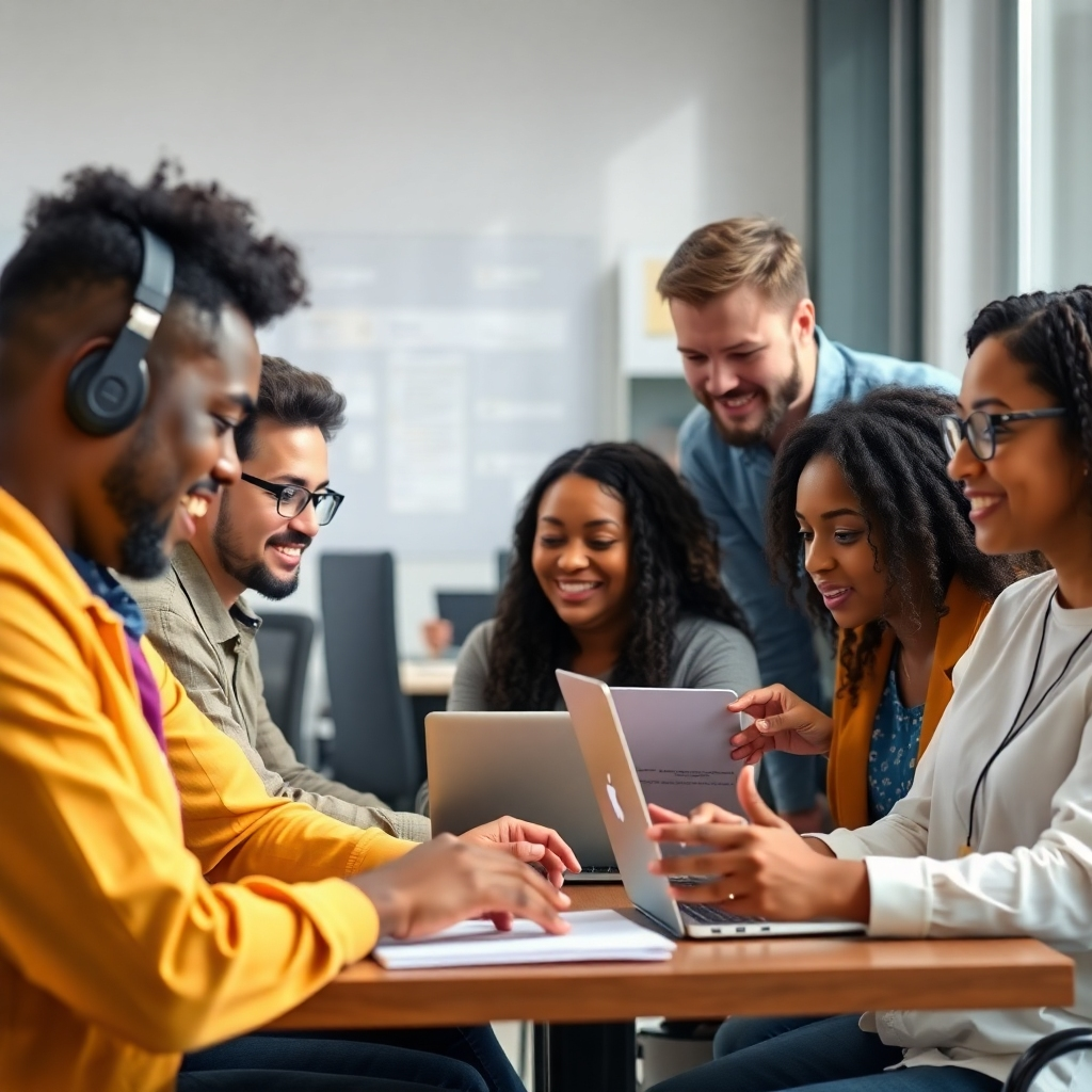 A photorealistic image of a diverse group of people using various software tools while working on projects.  The image should be bright, well-lit, and focus on the collaborative aspects of software development. The image should have a resolution of 1920x1080 pixels. The style should be modern and professional.