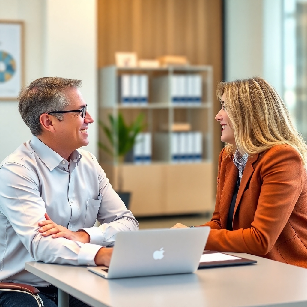 A photorealistic image of a friendly, professional LIC agent talking with a client.  Show a relaxed, positive interaction, conveying trust and competence. Resolution: 4K