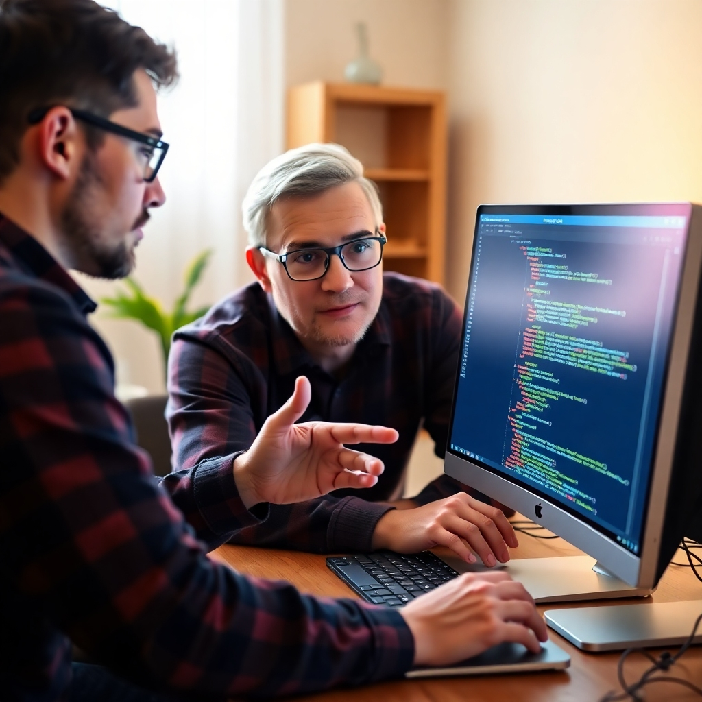 A photorealistic image of a mentor guiding a mentee through a Java coding problem, with code displayed on a computer screen. The setting should be warm and inviting.