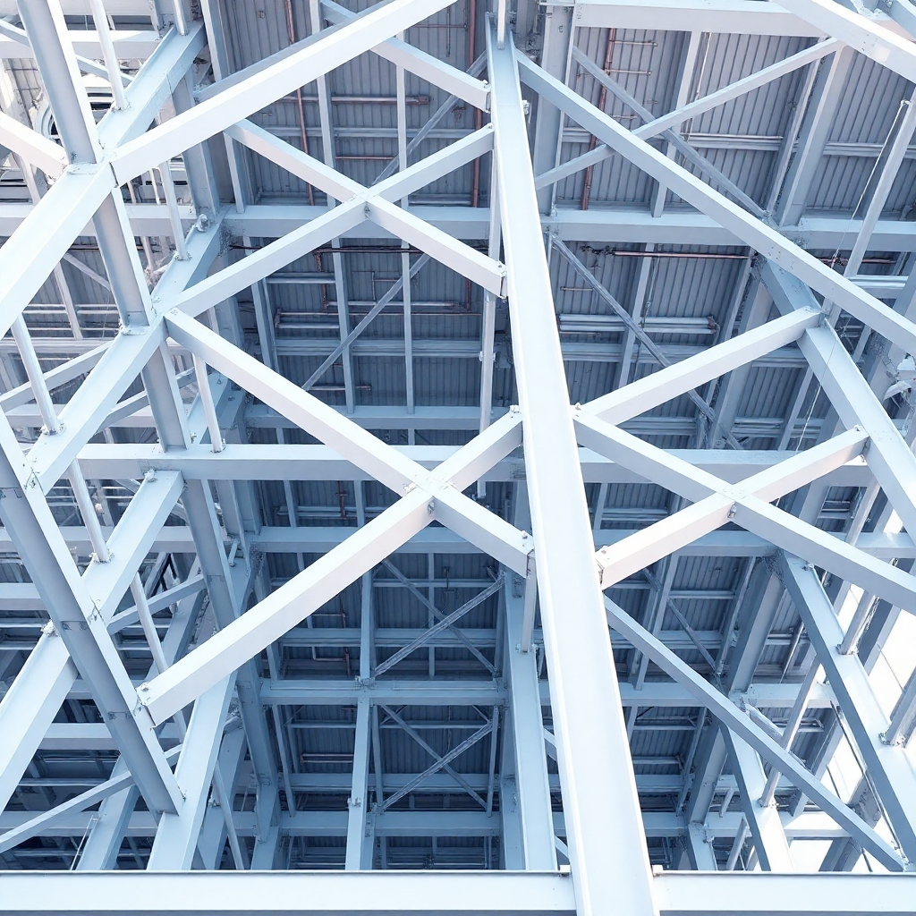 A photorealistic image of a modern building’s structural framework. The beams, supports, and connections should resemble Spring Framework components, and database connections.  Use a slightly abstract architectural style, with lines, shapes, and connections representing the relationships between Spring modules and database interaction. The overall color scheme should be clean and modern, using blues, grays, and whites to represent technology. The lighting should be sharp and clear.  The image should evoke a sense of strength, stability, and organization. The style should suggest structural integrity, much like the role of Spring Framework in application development.