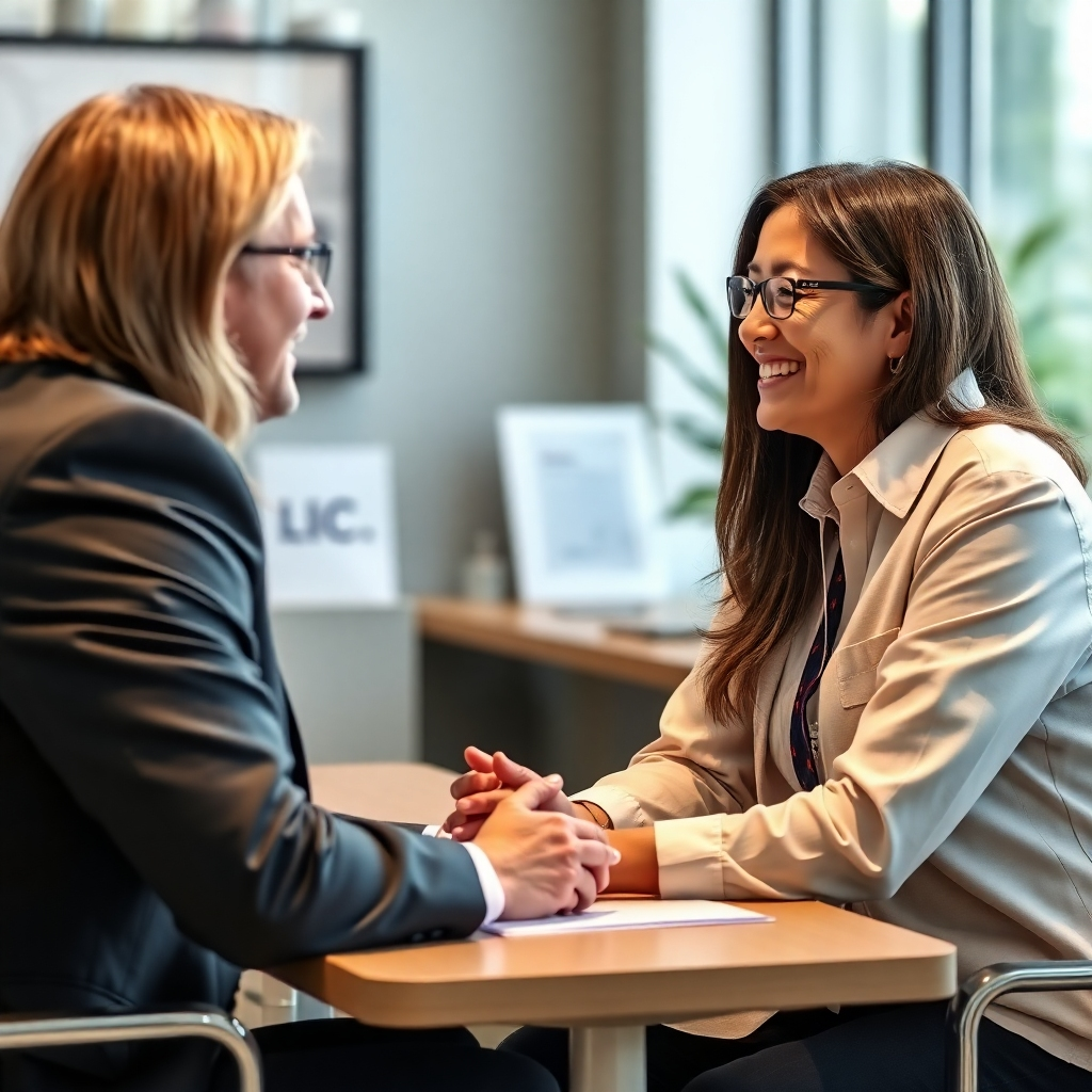 A photorealistic image of a professional LIC agent consulting with a client, emphasizing a friendly and trusting atmosphere. Resolution: 4K.