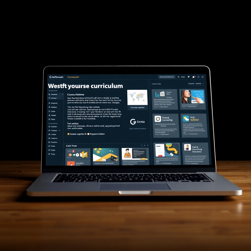 A photorealistic image of an open laptop displaying a software course curriculum.  The curriculum should be well-organized and easy to navigate, highlighting the comprehensive nature of the course materials. The image should have a resolution of 1920x1080 pixels.