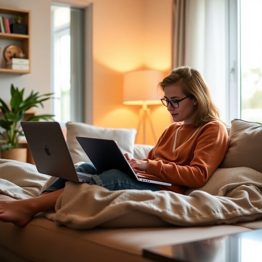 A photorealistic image showing a person comfortably learning on their laptop in a relaxing, home setting.  Emphasize the feeling of comfort, convenience, and flexibility that online learning provides.  The background should be calming and inviting.  Consider using warm lighting and soft textures to reinforce this message.