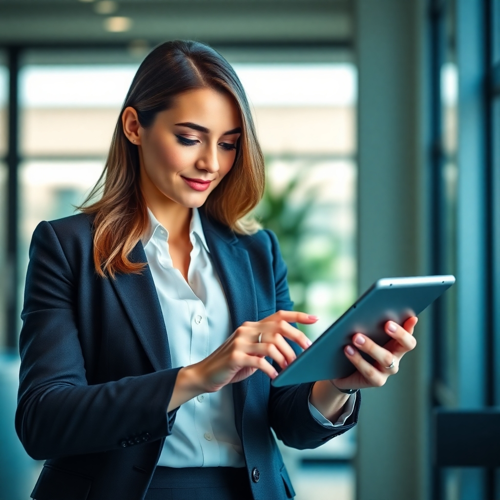 A photorealistic image showing a sales agent efficiently managing client policies on a tablet. High-quality image reflecting ease of use and the convenience of mobile access. Color palette: calming blues and greens. Style references: successful financial apps, mobile device interfaces.