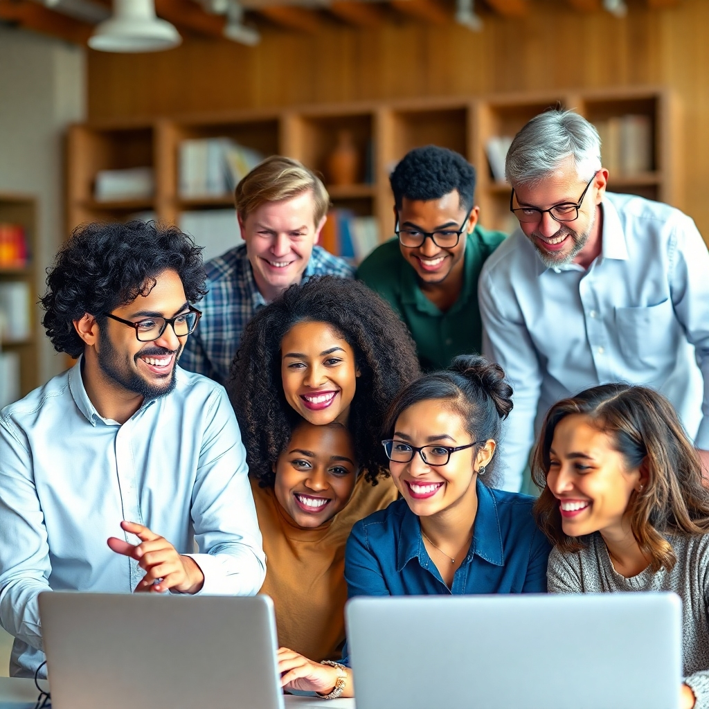 A photorealistic image showing a diverse group of expert instructors interacting with students in an online learning environment.  Capture the sense of community and collaborative learning. Use a vibrant color palette and focus on clear facial expressions that convey engagement and enthusiasm.
