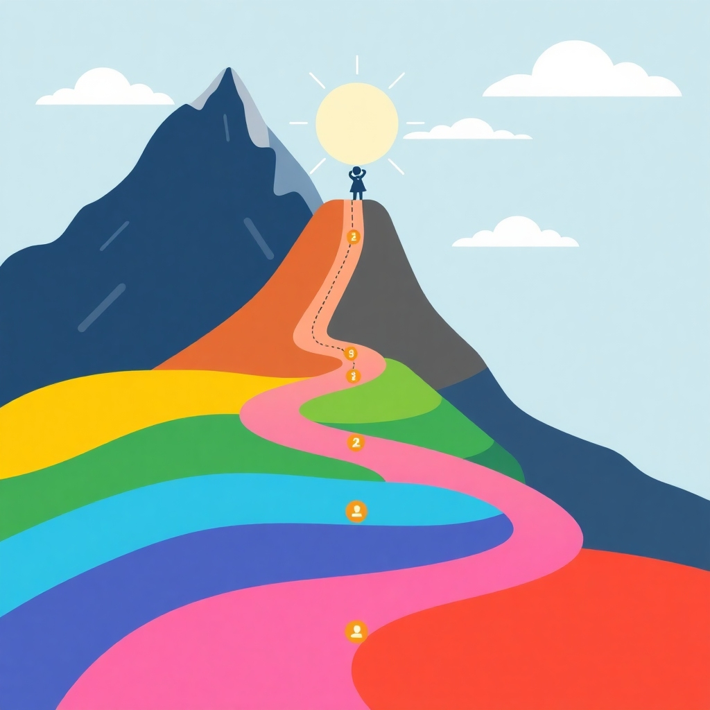 A stylized illustration of various interconnected paths leading to a peak representing success.  Each path should represent a different software skill or learning journey, with clear visual cues to show progress and difficulty levels. The color palette should be motivating and inspiring, with a gradient effect symbolizing progress and achievement.