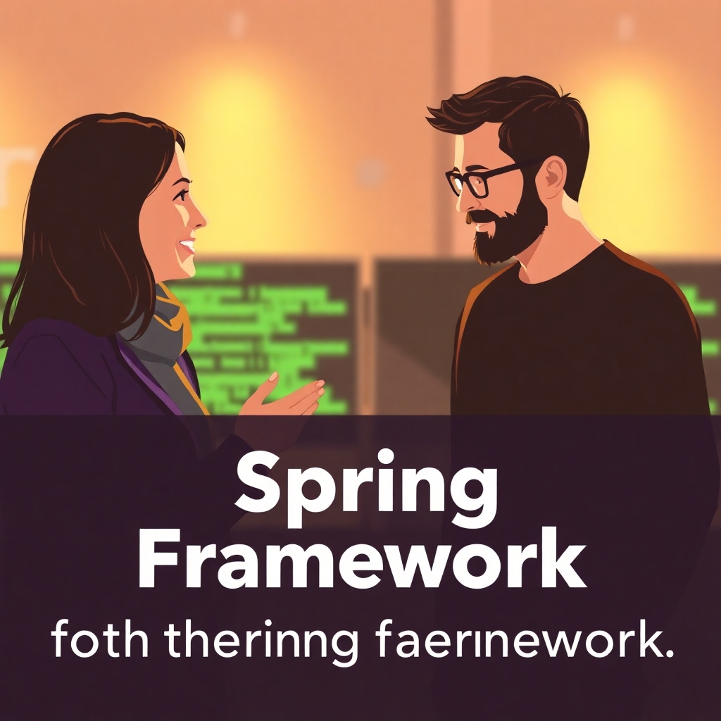 A stylized image depicting a mentor guiding a mentee through the intricacies of the Spring Framework.  The image should suggest a collaborative and supportive relationship. The lighting should be soft and inviting.  The overall style should be warm and welcoming. The color palette should be a blend of warm and cool tones.  The background should subtly represent a technology-related environment. The style should be realistic and relatable.