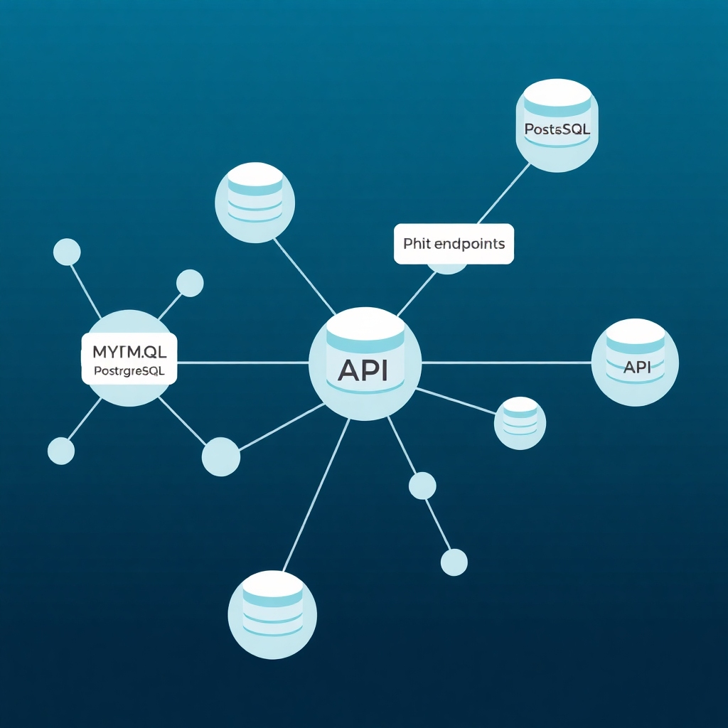 A stylized image depicting a network of interconnected nodes, representing databases and APIs. The nodes should be labeled with database names (MySQL, PostgreSQL) and API endpoints.  The overall style should be clean and modern.  The image should convey a sense of integration and interconnectedness between databases and APIs.  Use a combination of photorealistic and graphic design elements. The color scheme should be a sophisticated mix of blues, grays, and greens.