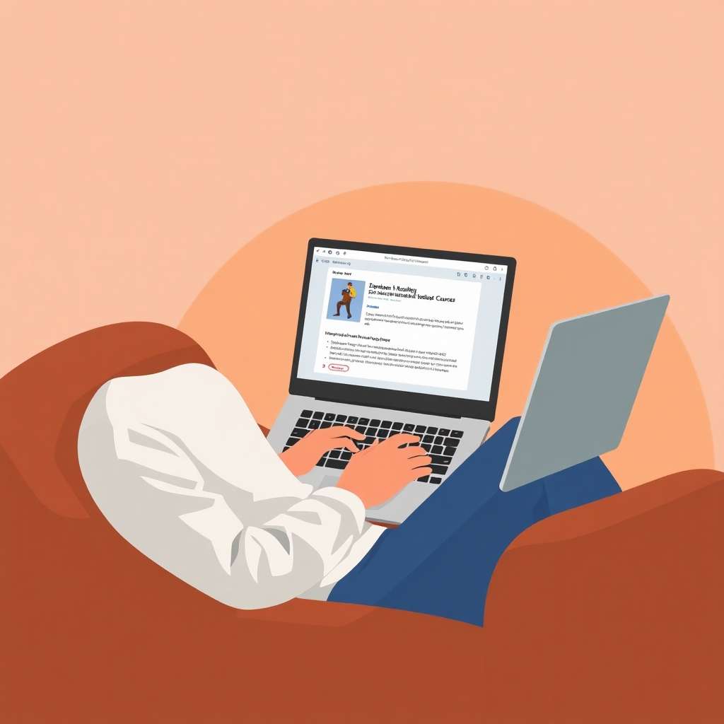 A stylized image depicting a person comfortably working on their laptop, sitting in a cozy chair. The background should be soft and inviting, with warm colors. The laptop screen displays a lesson from one of our software courses, highlighting the ease of use and self-paced nature of our learning environment. The image should have a resolution of 1920x1080 pixels.
